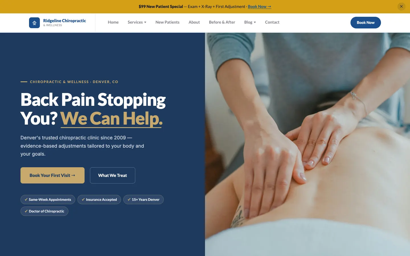 Chiropractic clinic website built on WorkspaceCMS
