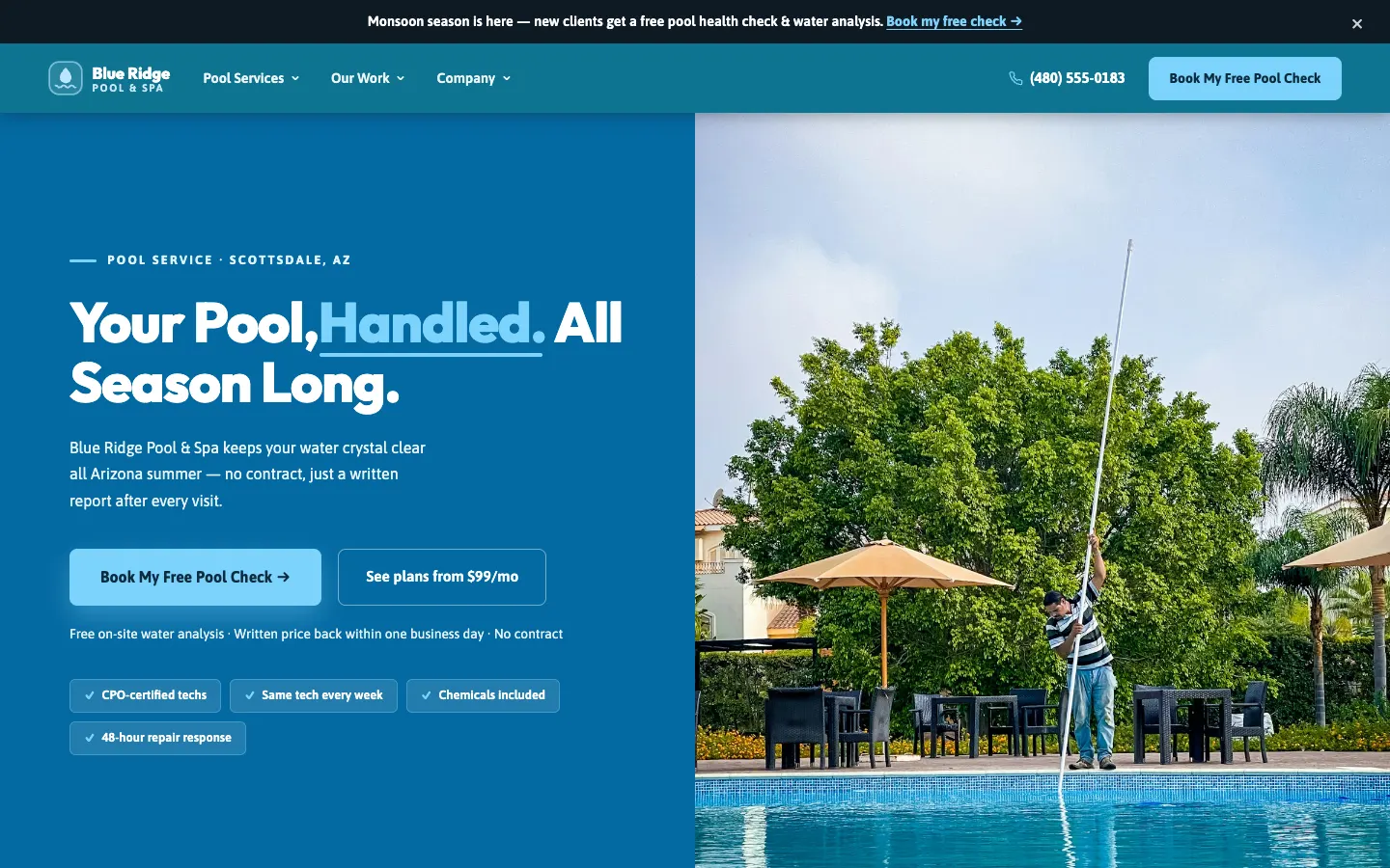 Pool service website built on WorkspaceCMS