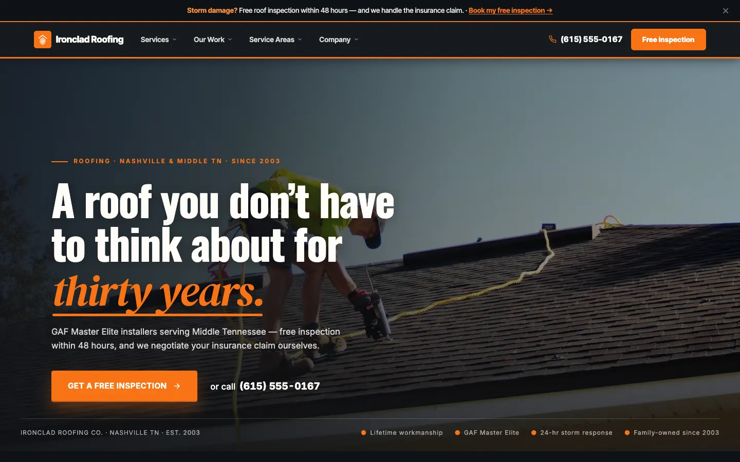 Roofing contractor website built on WorkspaceCMS